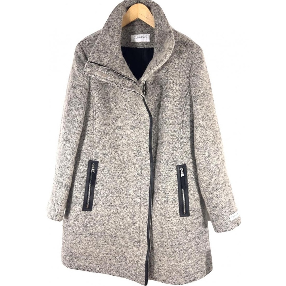 Calvin Klein gray boucle cocoon coat with faux leather details